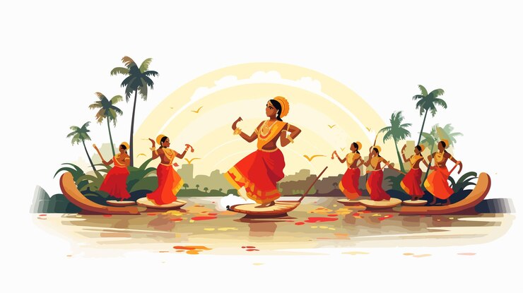 a painting of a group of people in a river with palm trees in the background