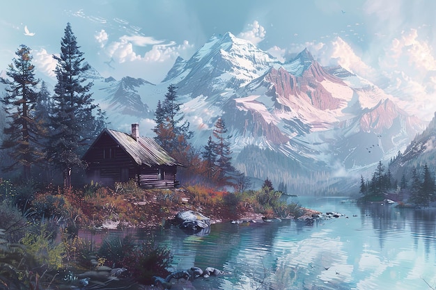 a painting of a mountain cabin and a river in the mountain in the style of paint dripping technique