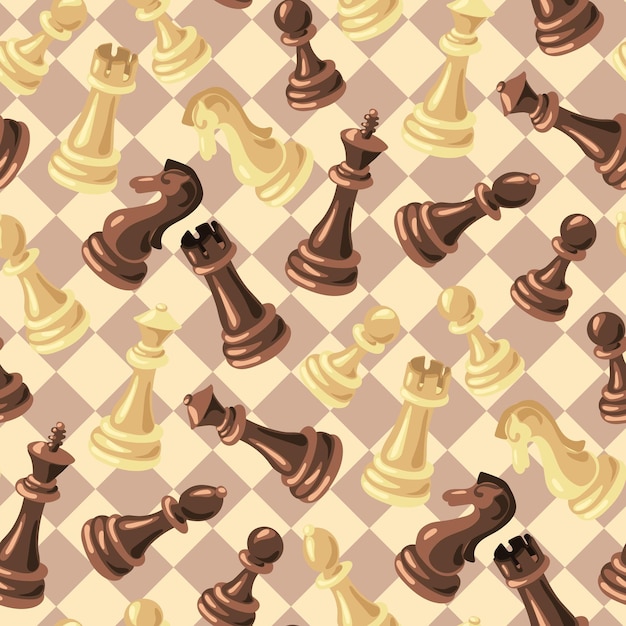 A pattern of black and white chess pieces made of wood on the background of a chessboard