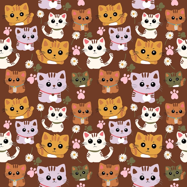 a pattern of cats with flowers on a brown background