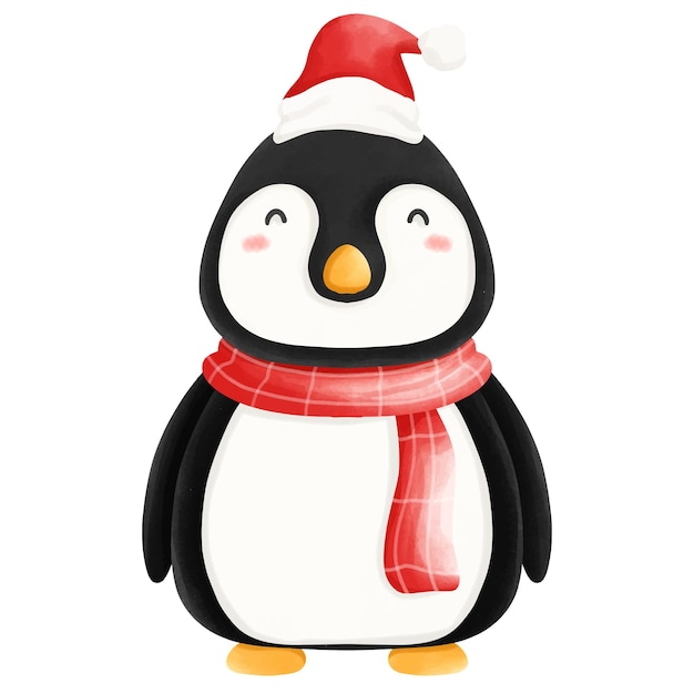 a penguin with a red hat and a red and white scarf