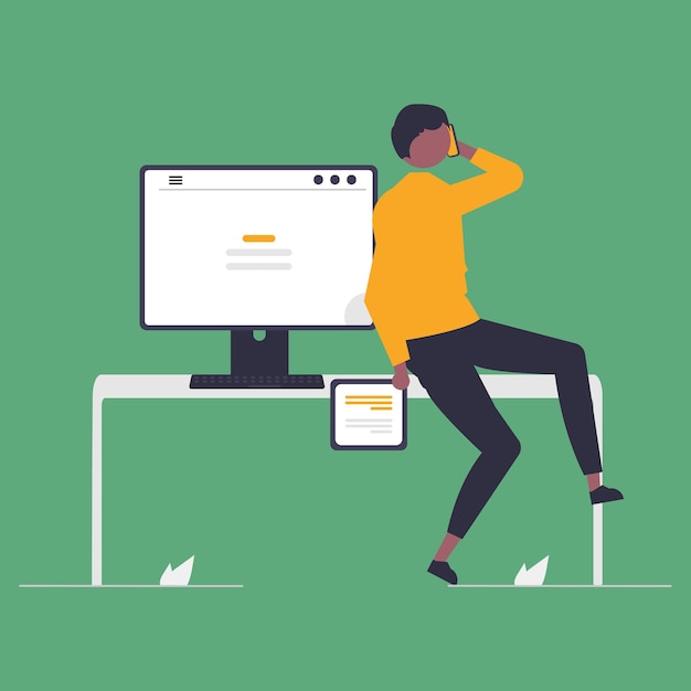 a person sitting on a desk with a computer screen that says'no internet'on it.
