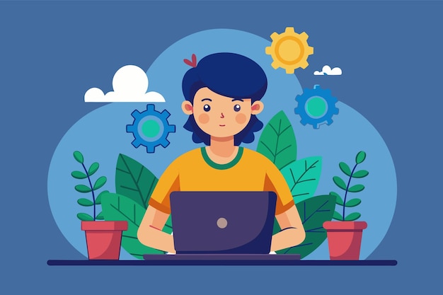 A person with blue hair works at a desk with a laptop wearing a yellow shirt with plants nearby Cogs and clouds symbolize creativity and innovation