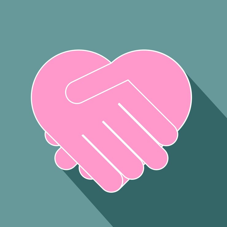 Vektör a pink handshake with a long shadow on a blue background.