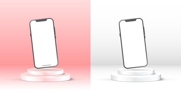 a pink mobile phone on a cylindrical podium mockup isolated on a pink background. minimal 3d studio.