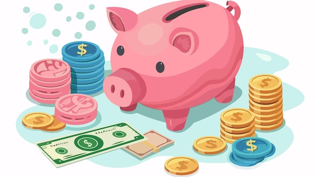 a pink piggy bank with a dollar bill on it
