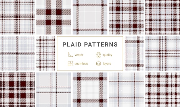 A plaid pattern collection featuring geometric checks and stripes ideal for trendy clothing textile designs or stylish wallpaper