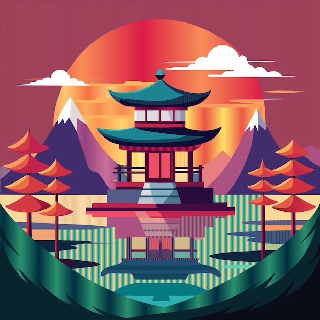 a poster for a japanese temple with trees in the background