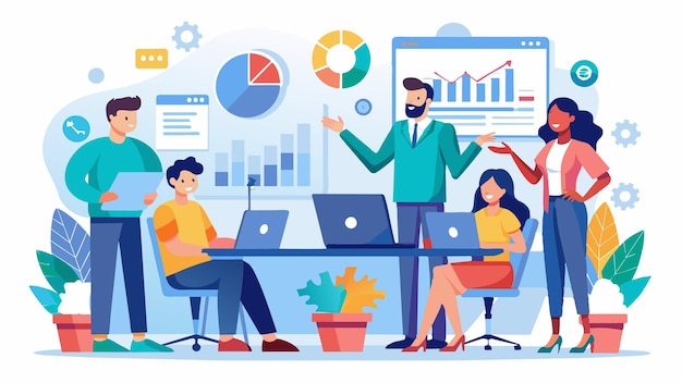 a poster of people working in a meeting room with a chart showing graphs and charts
