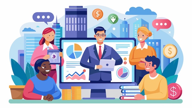 a poster of people working with a computer with the words financial data on it