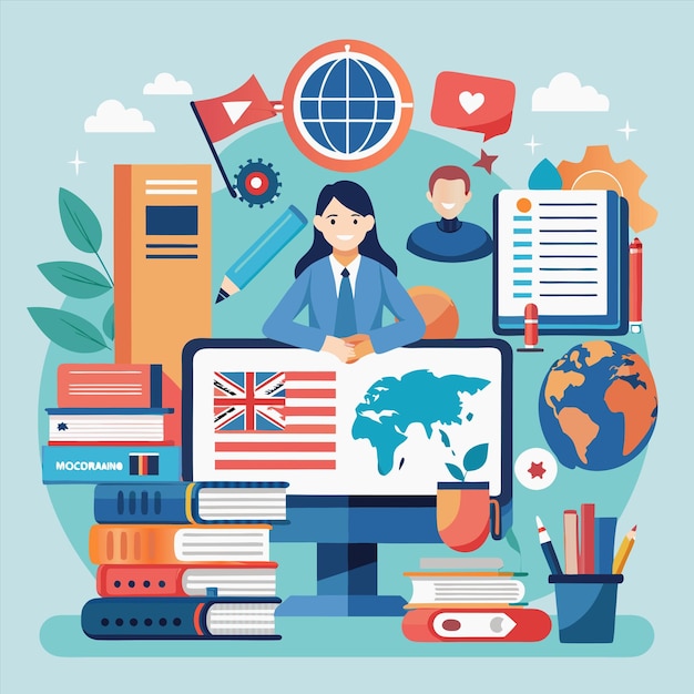 a poster with a woman working on a computer with a world map on it