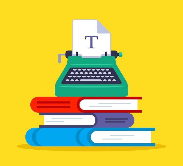 A printing press on a mountain made of books. writing activity. flat vector illustration.