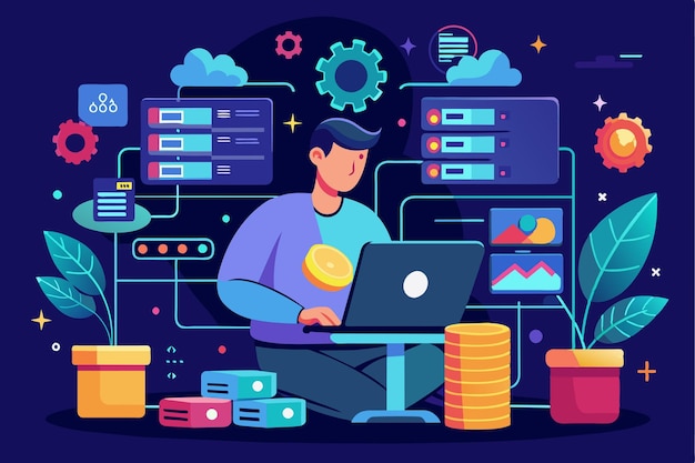 A programmer is seated at a desk working on big data database maintenance with visual analytics around Programmer maintenance big data database management