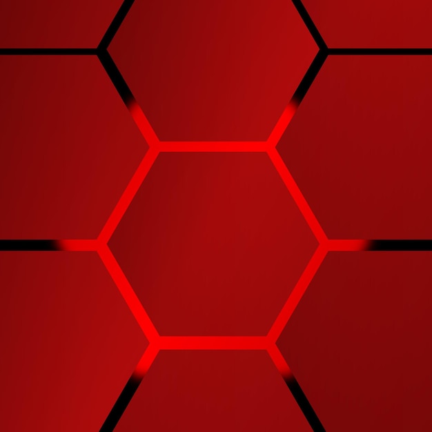 a red and black background with a hexagon pattern.