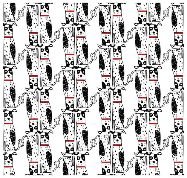 a repeating pattern of black and white dog with red collar illustration in cartoon style