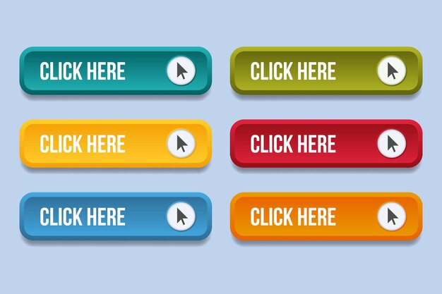 a row of colorful buttons with the words click here on them.