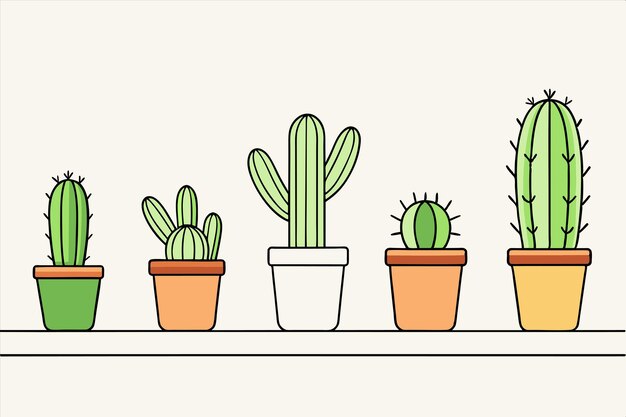 a row of potted cactus on a shelf