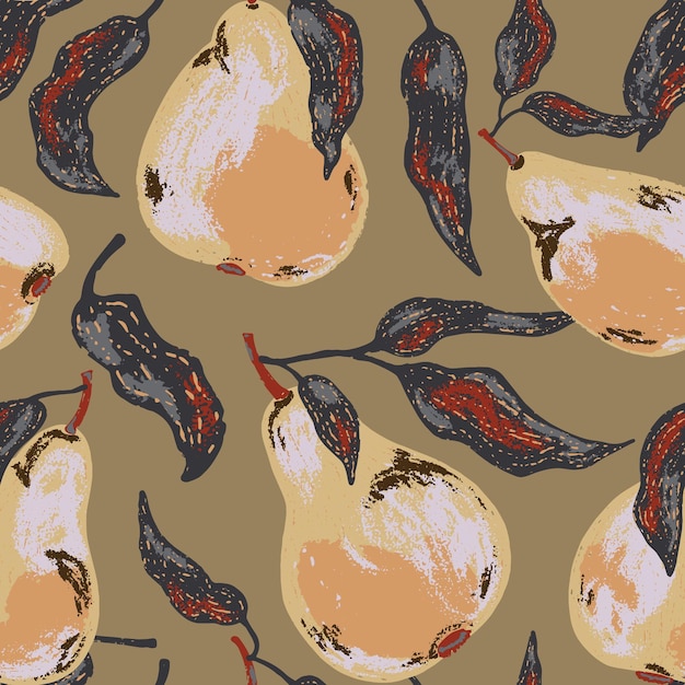 A seamless pattern featuring stylized pears and flowing leaves The artistic texture and bold shapes make it great for textiles packaging kitchen decor and seasonal design projects