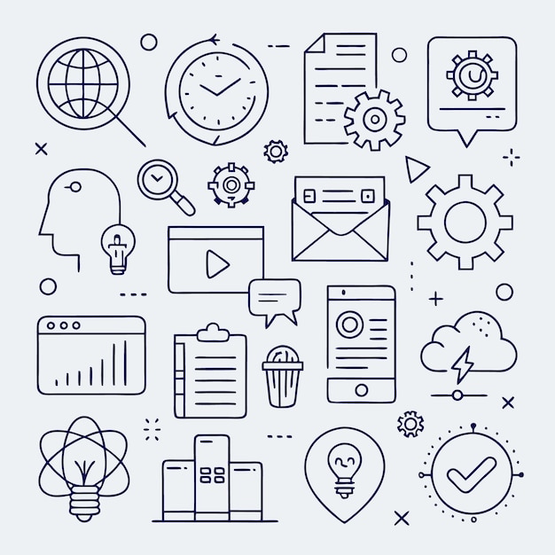 A seamless pattern of line art icons representing business concepts