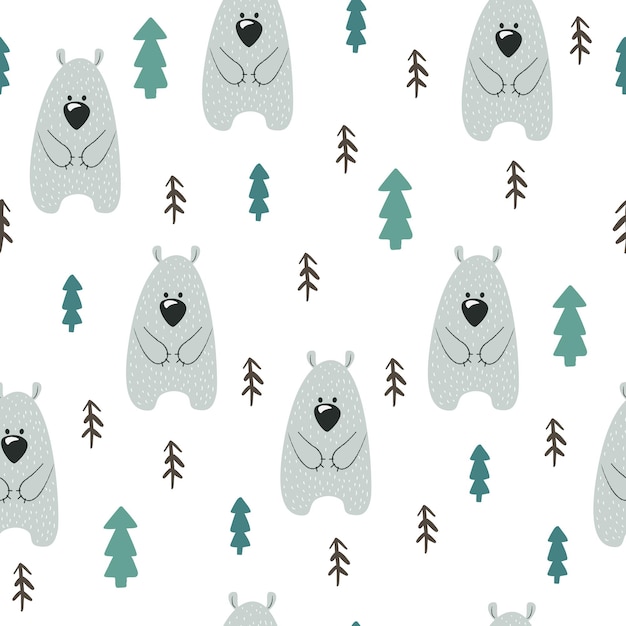 A seamless pattern with a bear and trees.