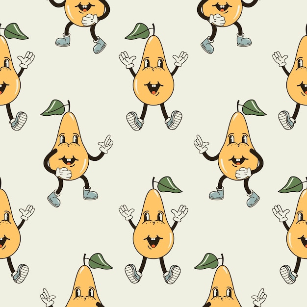 a seamless pattern with a funny and cute pear character in a groovy style vector illustration