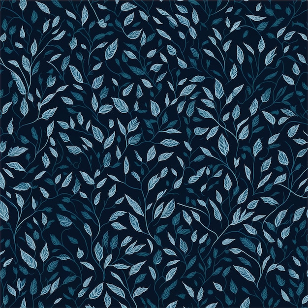 A seamless pattern with blue leaves on a dark background.