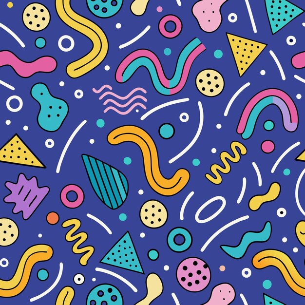 a seamless pattern with colorful abstract shapes and lines on a blue background