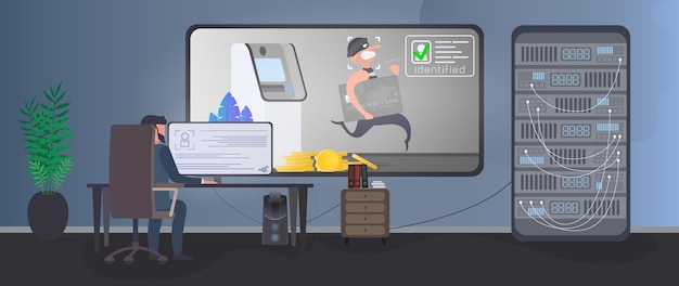 A security guard is watching a burglar in a security room. Identification of a thief. A thief steals a bank card near an ATM. Safety concept. Vector.