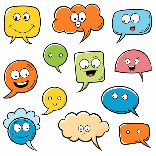 a series of comic style speech bubbles with different colors