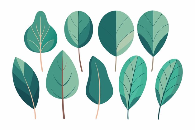 a series of green and blue leaves with a line of trees