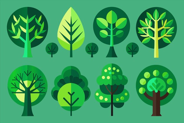 a series of trees with different colors and shapes