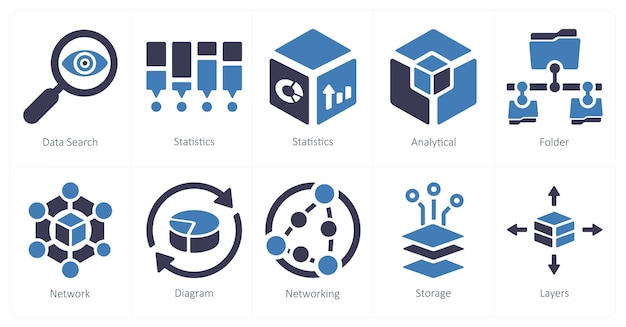 a set of 10 big data icons as data search statistics analytics