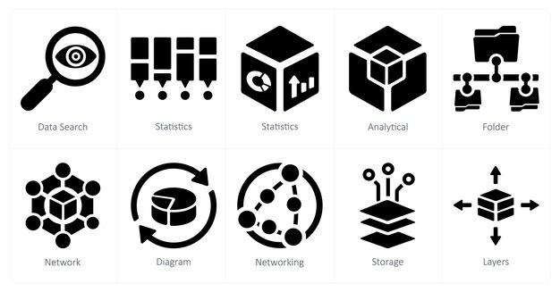A set of 10 Big Data icons as data search statistics analytics