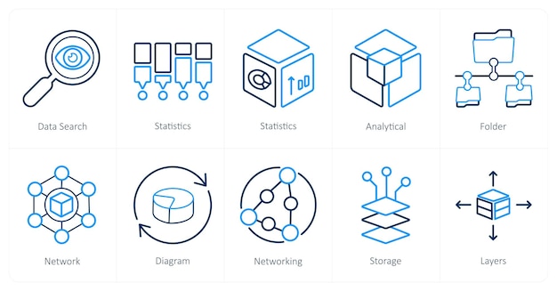 A set of 10 Big Data icons as data search statistics analytics