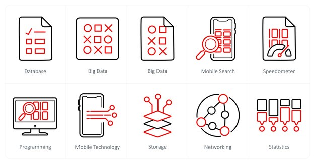 A set of 10 Big Data icons as database big data mobile search