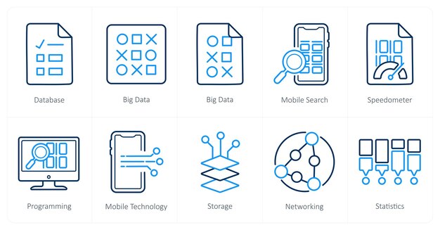 A set of 10 Big Data icons as database big data mobile search