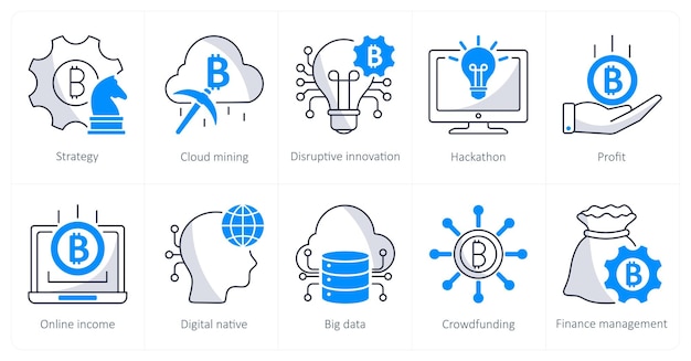 A set of 10 bitcoin icons as strategy cloud mining dispurtive innovation