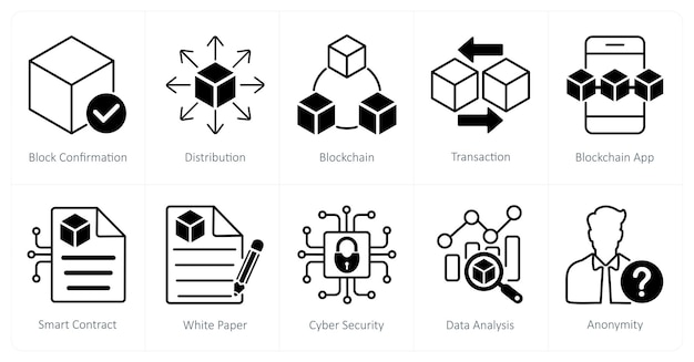 A set of 10 Blockchain icons as block confirmation distribution blockchain