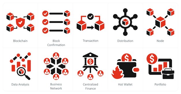 A set of 10 blockchain icons as blockchain block confirmation transaction