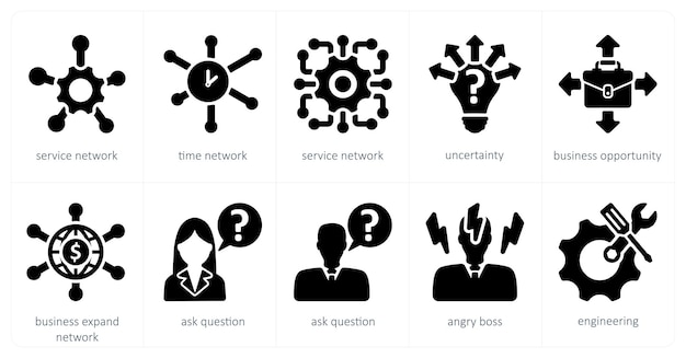 A set of 10 business icons as service network time network uncertanity
