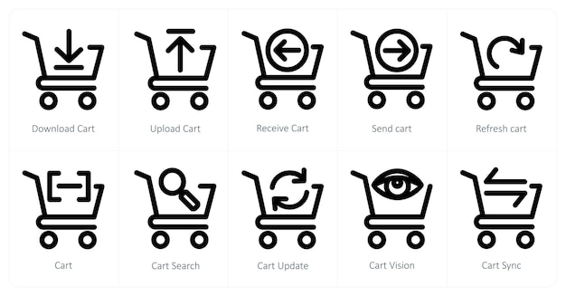 a set of 10 cart icons as download cart upload cart receive cart