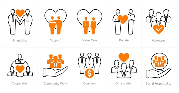 A set of 10 Charity and Donation icons as friendship support foster care