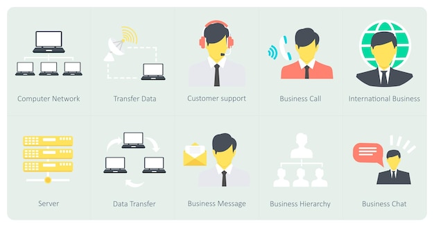 A set of 10 Communication icons as computer network transfer data customer support