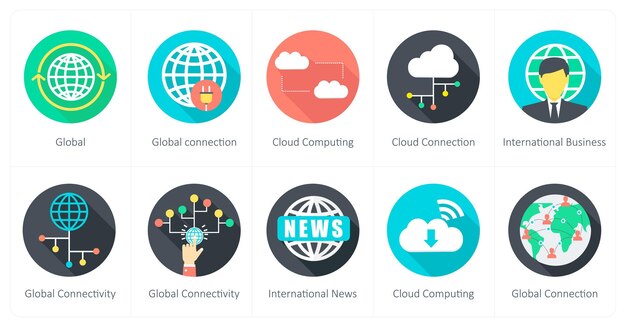 A set of 10 Communication icons as global global connection cloud computing