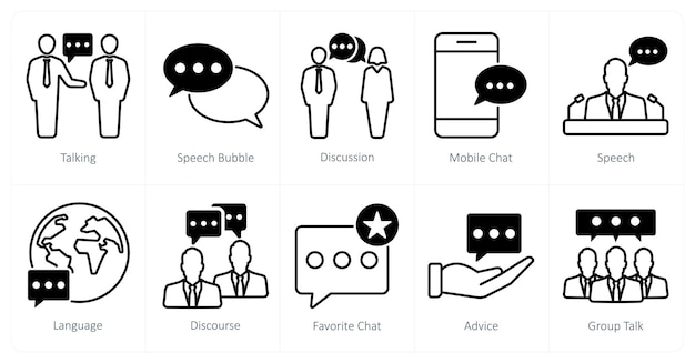 A set of 10 communication icons as talking speech bubble discussion