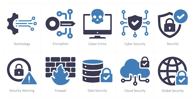 A set of 10 cyber security icons as technology encryption cyber crime