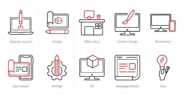 a set of 10 design and creativity icons as website launch design office desc custom design