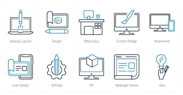 a set of 10 design and creativity icons as website launch design office desc custom design