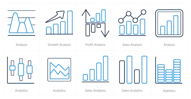 a set of 10 diagrams and reports icons as analysis growth analysis profit analysis