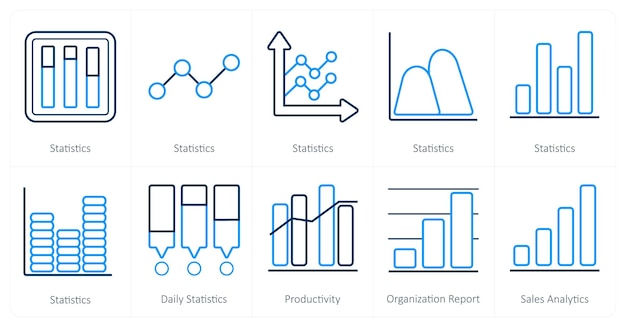 a set of 10 diagrams and reports icons as statistics daily statistics productivity